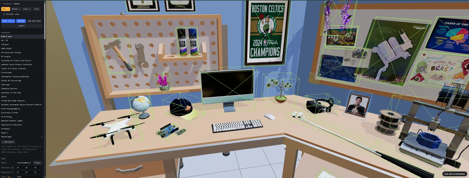 The XRfolio editor: a 3D desk scene with real projects placed on it, selection boxes visible, and the project list in the left sidebar