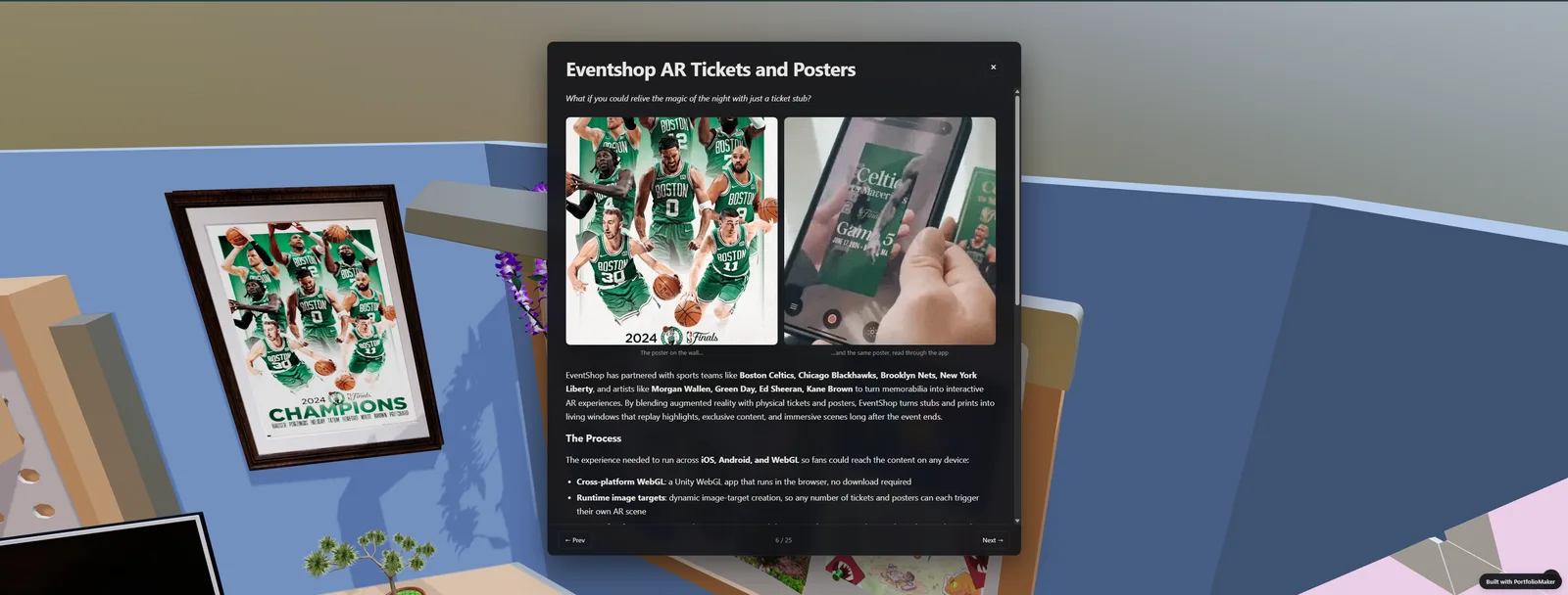 A visitor clicking a framed poster in the 3D room, opening a detail panel with the full case study, images, and write-up